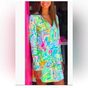 Lilly Pulitzer Rylie Cover Up Dress in Sea Salt and Sun Large UPF 50+ Hood Neon